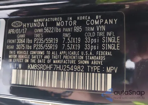 2017 Hyundai Santa Fe Limited Ultimate from USA, damaged, VIN KM8SRDHF7HU254982